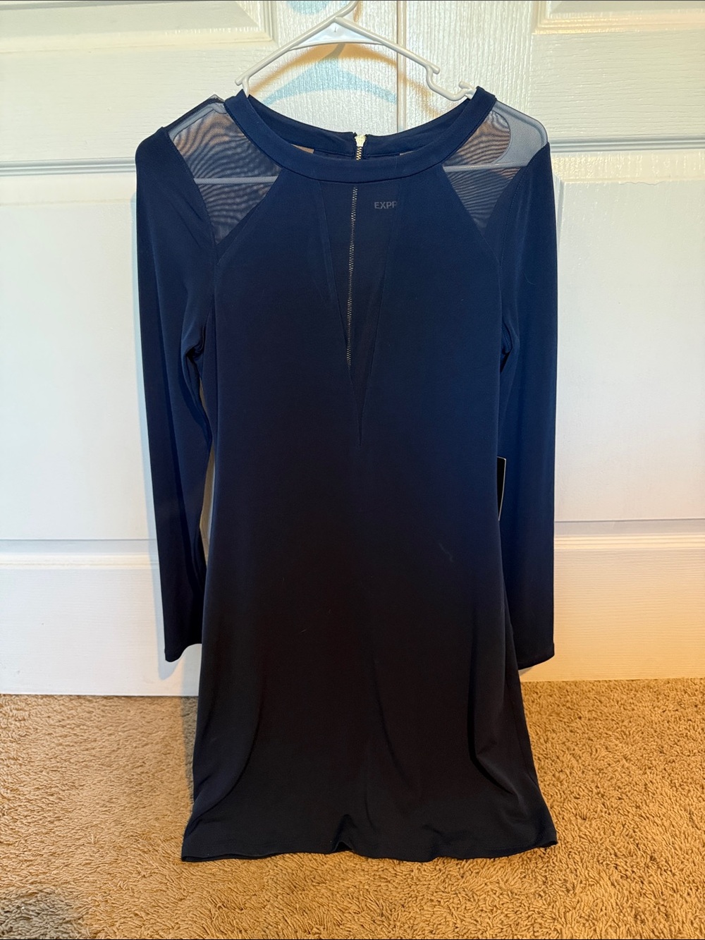 EXPRESS Navy Long Sleeve Shift Dress with Mesh Yoke